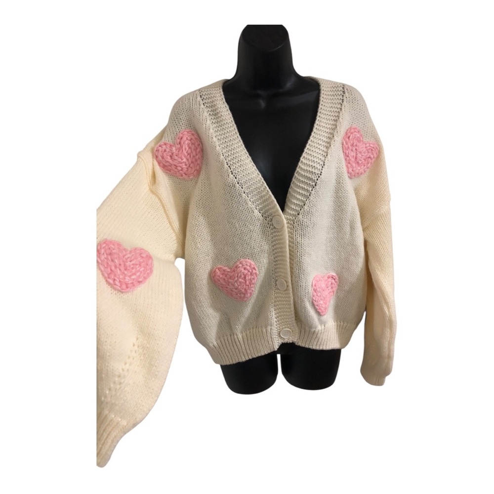 Luna Ivy cream pink hearts‎ buttoned front cardigan size large brand new